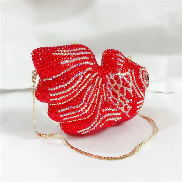 Leb1122 Red Goldfish Shape Bling Wedding Purse Diamond Evening Clutch Bags with Crystal Women Luxury Hand Party Designer Shoulder Rhinestone Bag