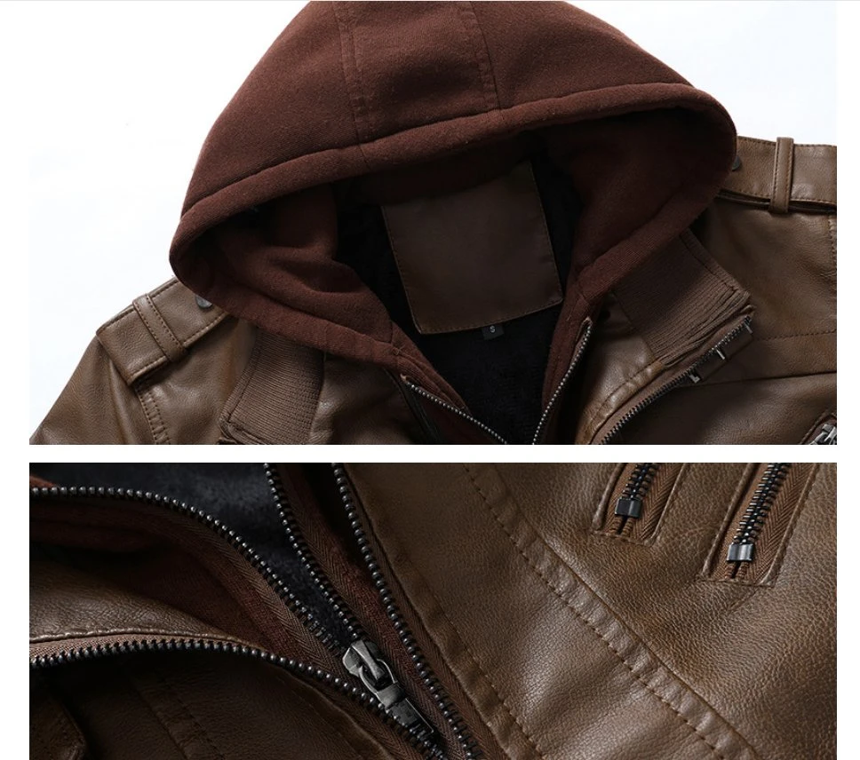 Men&prime; S Leather Jacket Jacket Thickened Plus Velvet Warm PU Leather Detachable Hood Leather Jacket