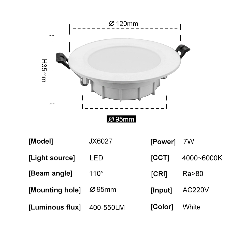 Gisih Factory Direct 7W 60d CE RoHS IP44 3000K-6000K 3 Years Warranty Plastic Clad Aluminum Home Recessed LED Downlight LED Light