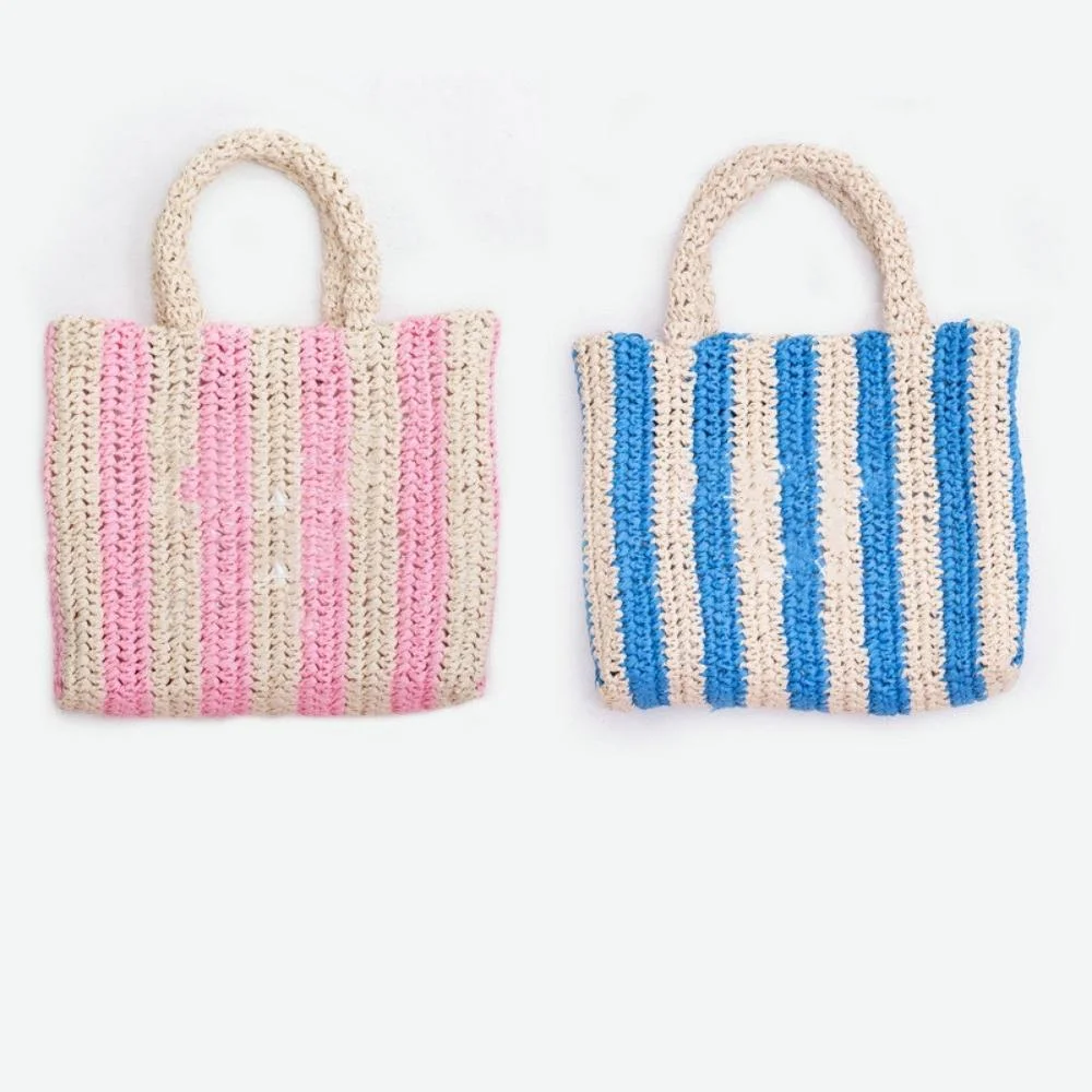 Crochet Bag with Bamboo Handles in Light Blue and Pink Cotton Wyz20965