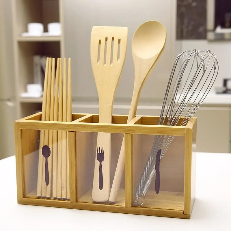 Natural Bamboo Organizer Kitchen Counter Utensil Storage Home Office Stationery Desk Caddy Living Room Table Accessory