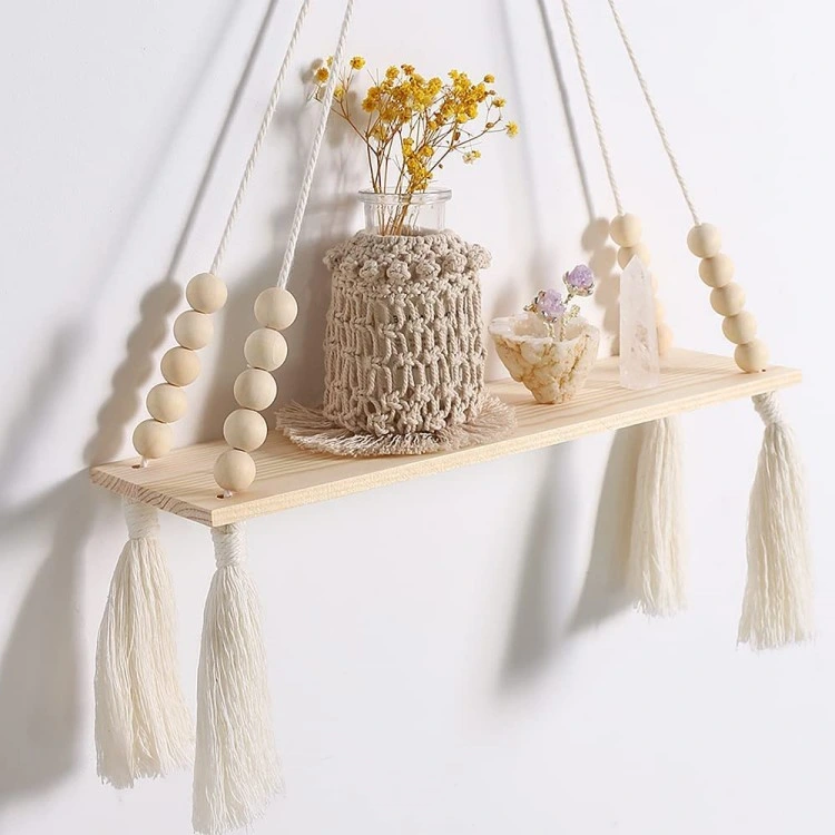 Estantes de pared de madera Macrame planta colgante estante con una borla