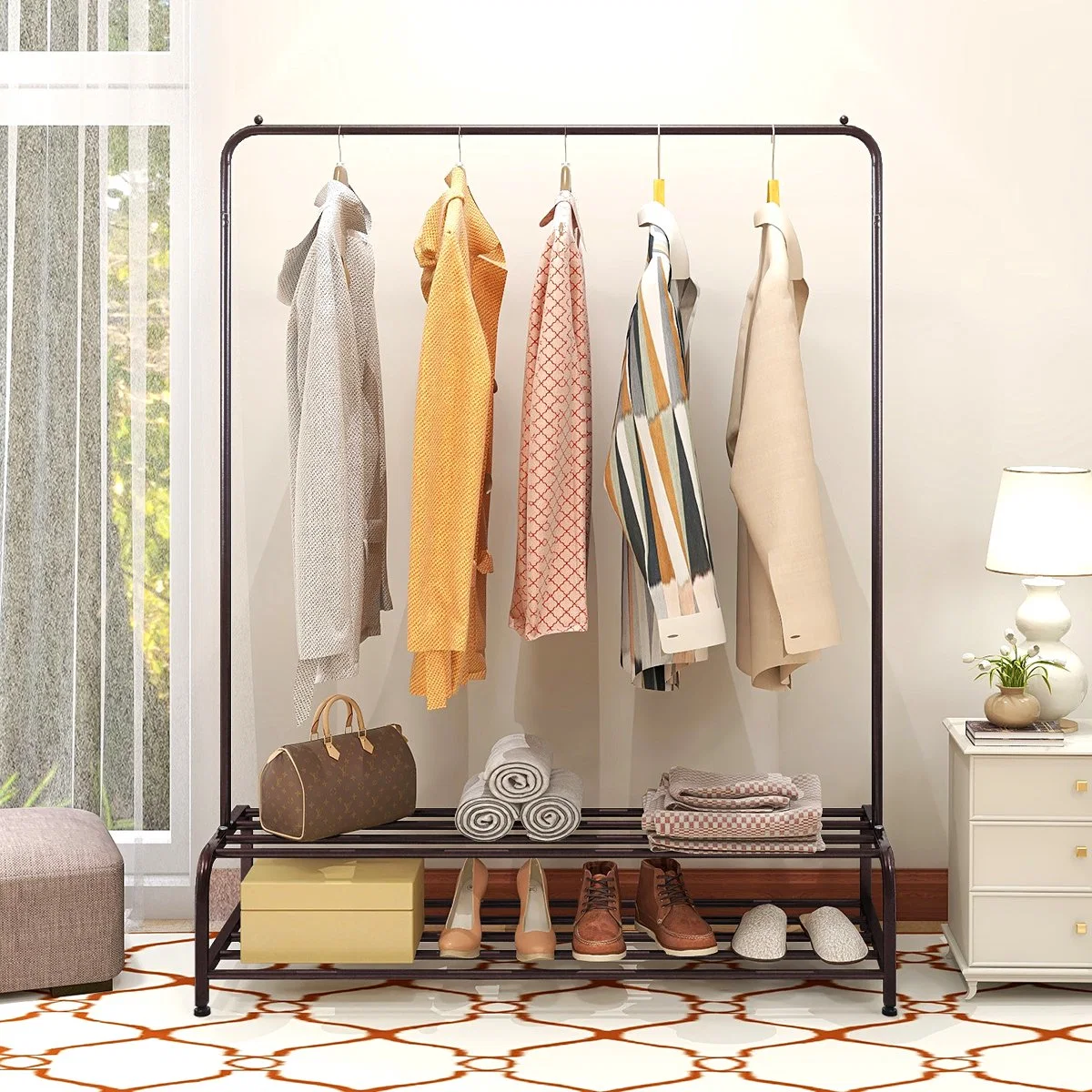 Clothes Hanging Shelf Garment Bags Shoes Metal Rack