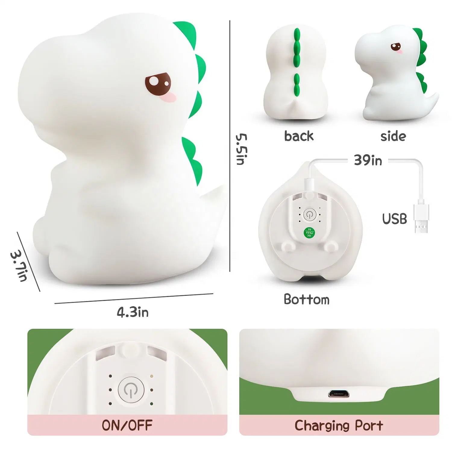 USB Rechargeable Battery Silicone Dinosaur Room Decor for Boys Night Light Lamp