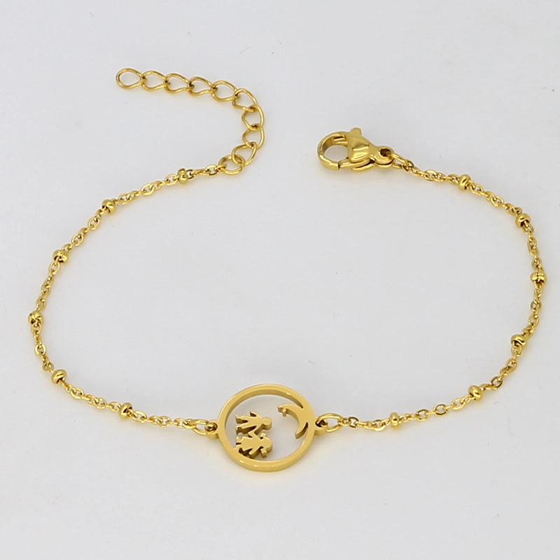 Stainless Steel Gold Plated Jewelry Adjustable Round Hollow Tree of Life Charm Cross Chain Link Bracelet