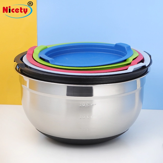 Silicone Base Wholesale Stainless Steel Color Mixing Plastic Lid Fruit Bowl