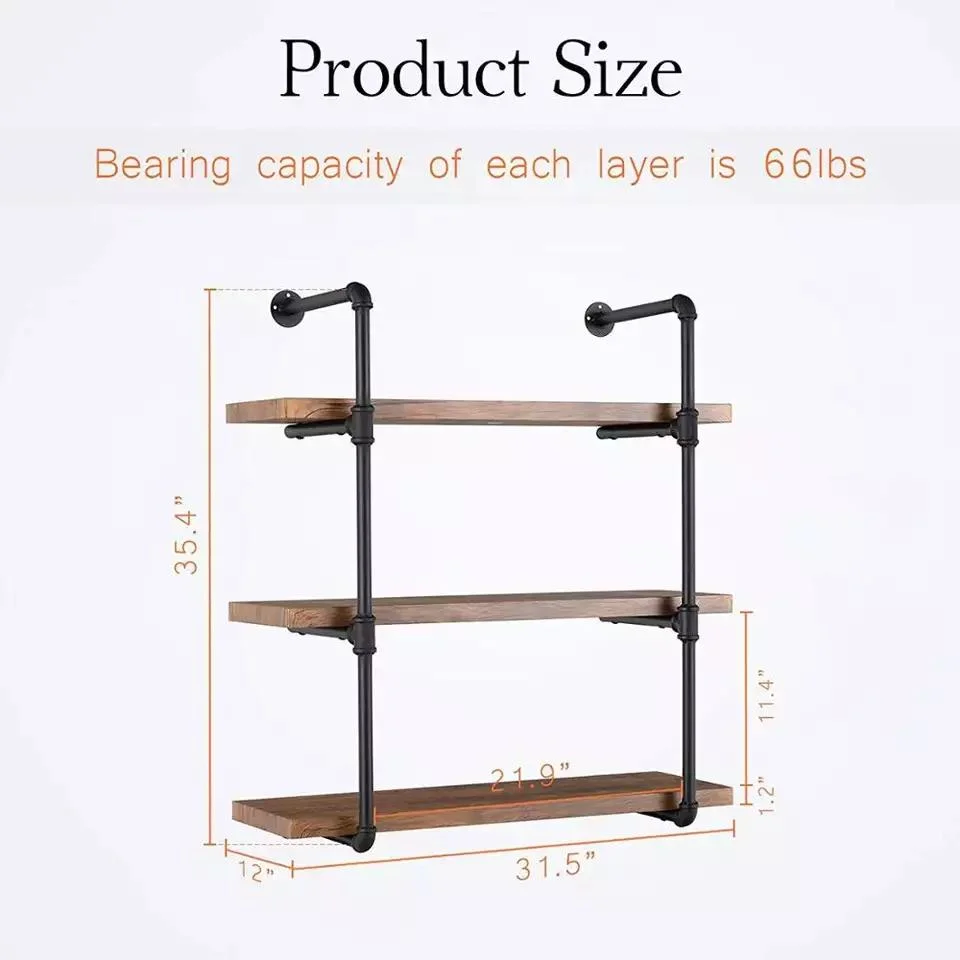 3-Shelf Pipe Furniture Metal Steel Iron Modern Industrial Bookcase Bookshelf Wall Mounted Kids Wooden Book Shelf