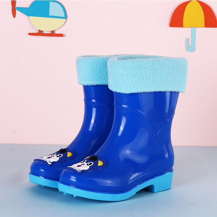 Fashion Custom Kids PVC Shoes Gumboots Toddler Wellies Waterproof Winter Rain Boots Children with Movable Fur Socks