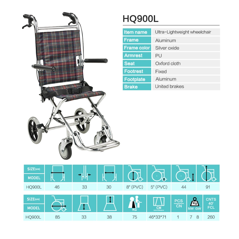 Roue de pliage de profilé en aluminium chaise avec sac de voyage de ceinture de sécurité Fauteuil roulant manuel