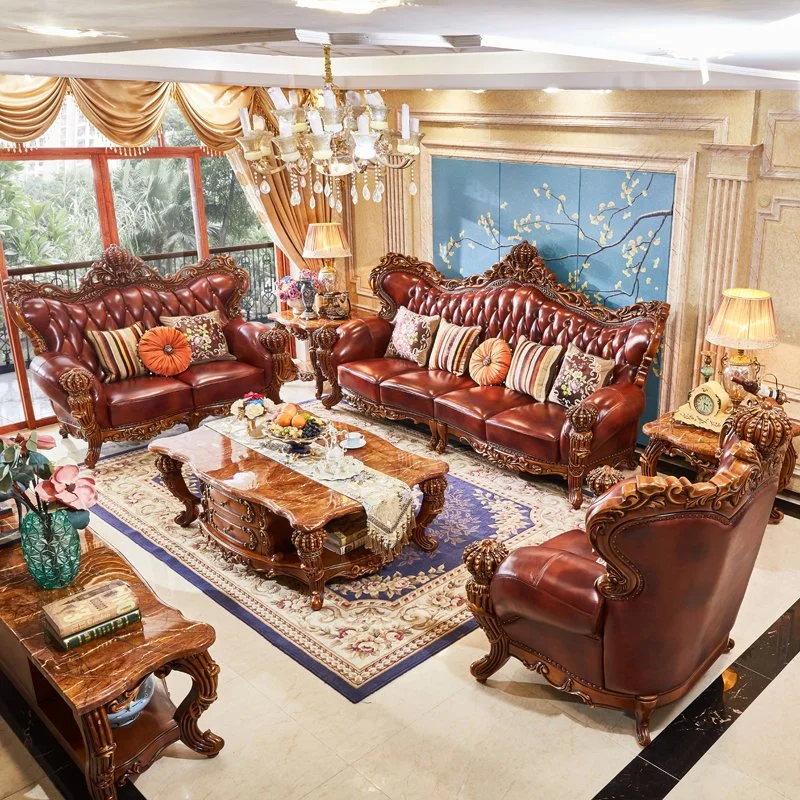 Living Room Furniture Wood Carved Luxury Sofa Set with Coffee Table and TV Stand in Optional Couch Seat and Furnitures Color