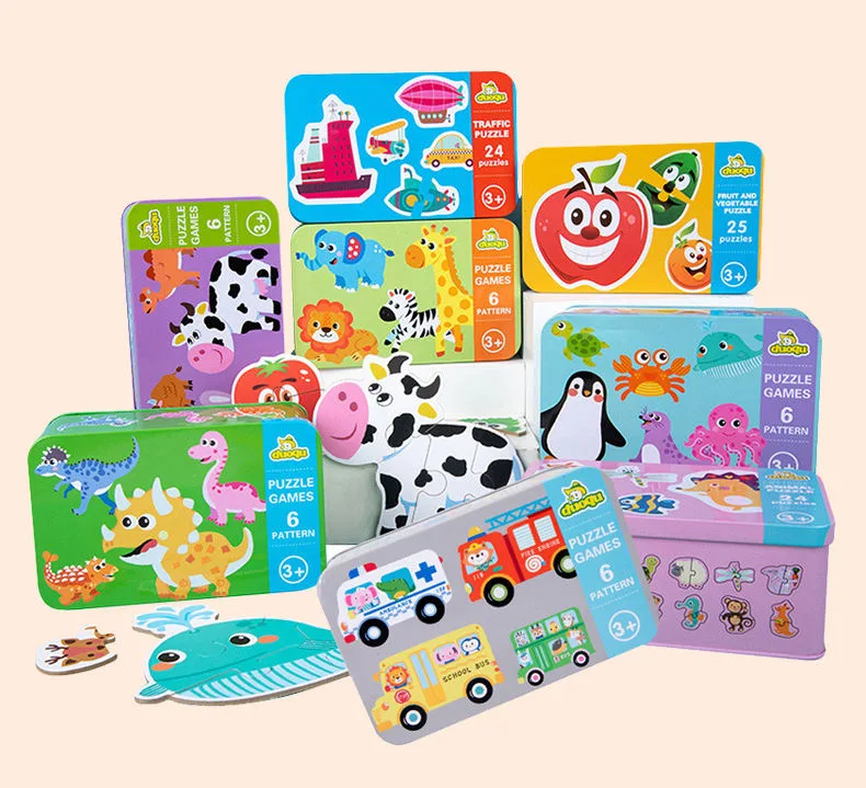 Cartoon Iron Box Educational Toys Car Fruit Animal Puzzle Juego