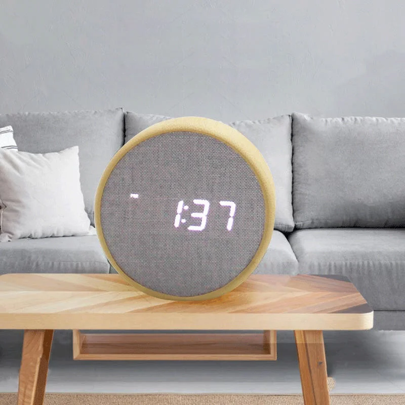 Creative Round LED Bamboo Fabric Electronic Alarm Clock