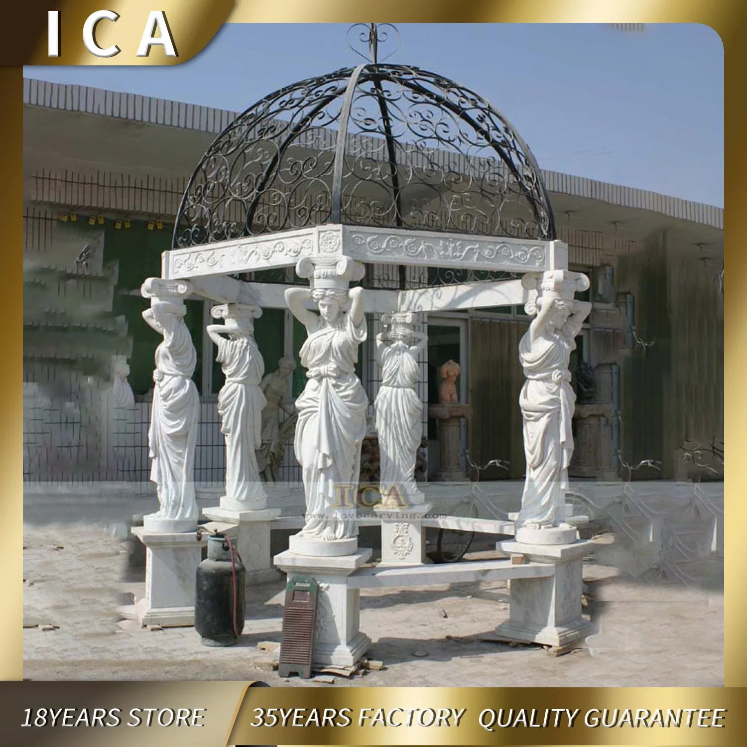 Outdoor Luxury Garden Natural Marble Gazebo with Figure Statues