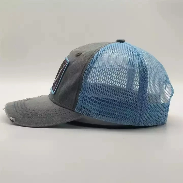 Custom Sport Distress Denim Caps Haken und Schleife Verschluss gedruckt Patches 6 Panel Trucker Hats