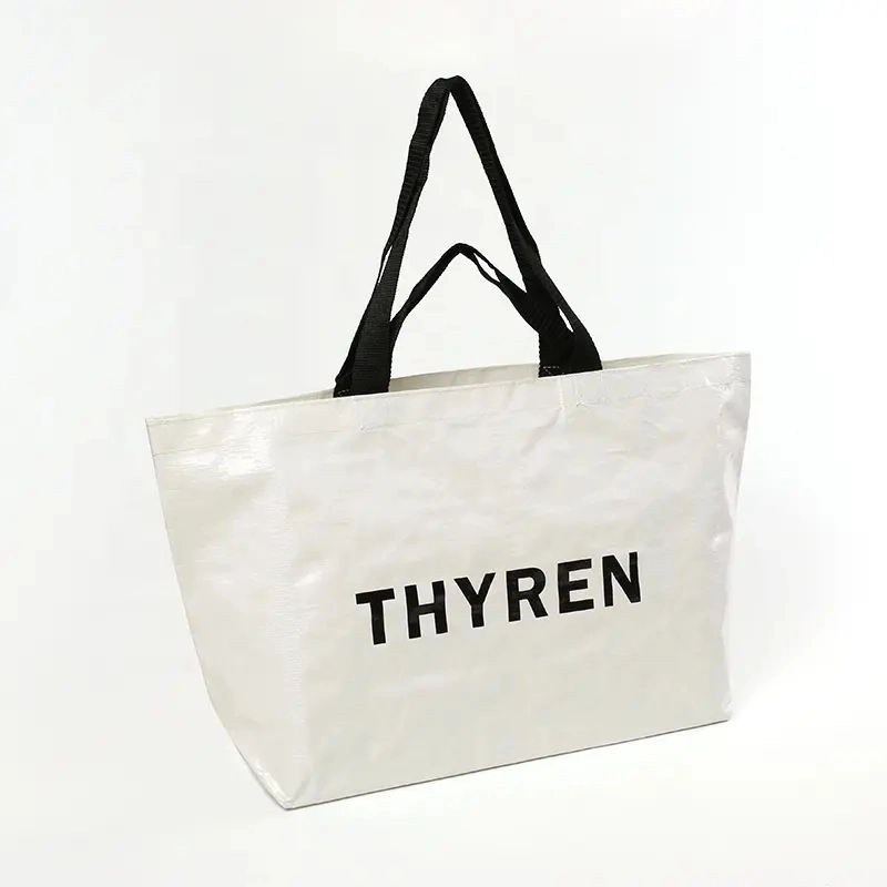 Large Custom Logo Tote Bag Black White Laminated Tote Bag Extra Large Woven Tote with Full Color Printing