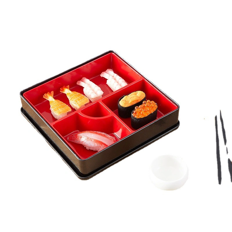 5 Compartment Plastic Black and Red Bento Box with Printing