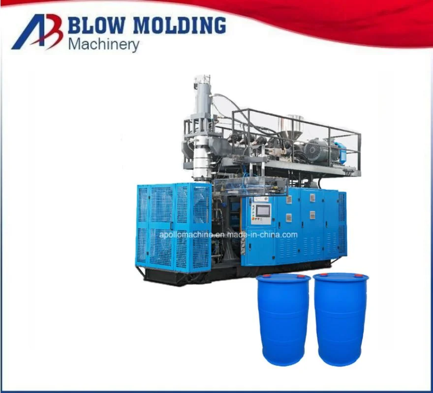 Machine de moulage par soufflage de barils en plastique bleu de 200 litres HDPE pour la fabrication de fûts en L de 200 litres pour produits chimiques industriels.