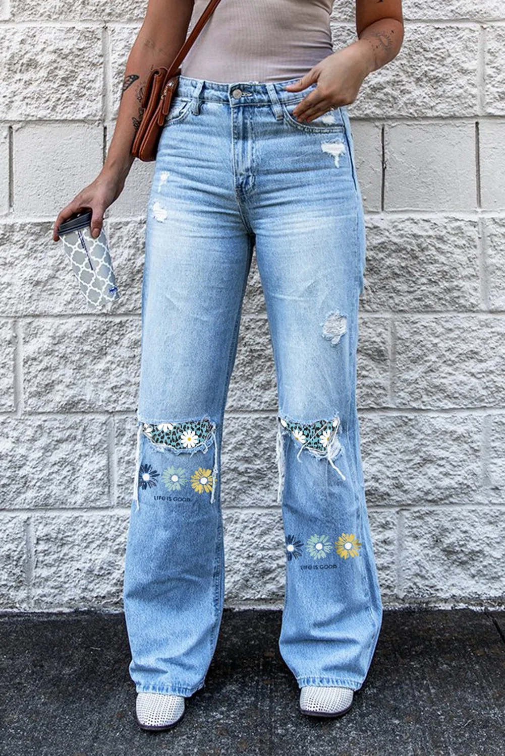 Sky Blue Print Distressed Wide Leg Jeans