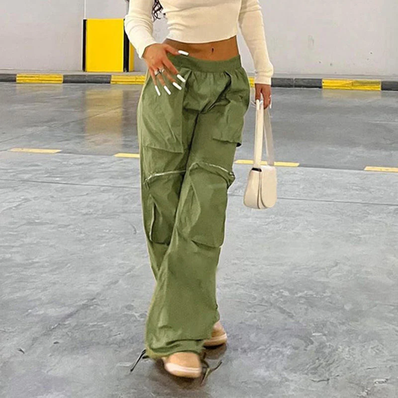 Calças retro Street Wide Leg elástica Hot Girl Sports Pocket Cintura com cordão Zipper Leg Gym Wear calças Loose cargo Pants