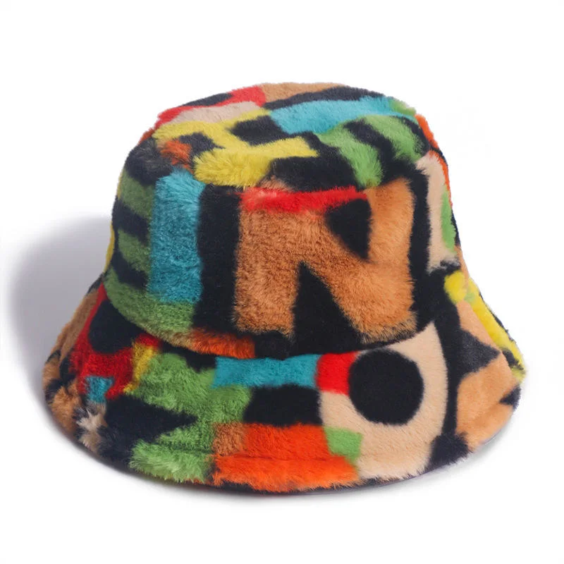 La mujer sombrero pescador Multi colorido cálido invierno difusa sombreros de piel 2020 Nueva Carta de las niñas imprime Faux Fur cuchara Hat