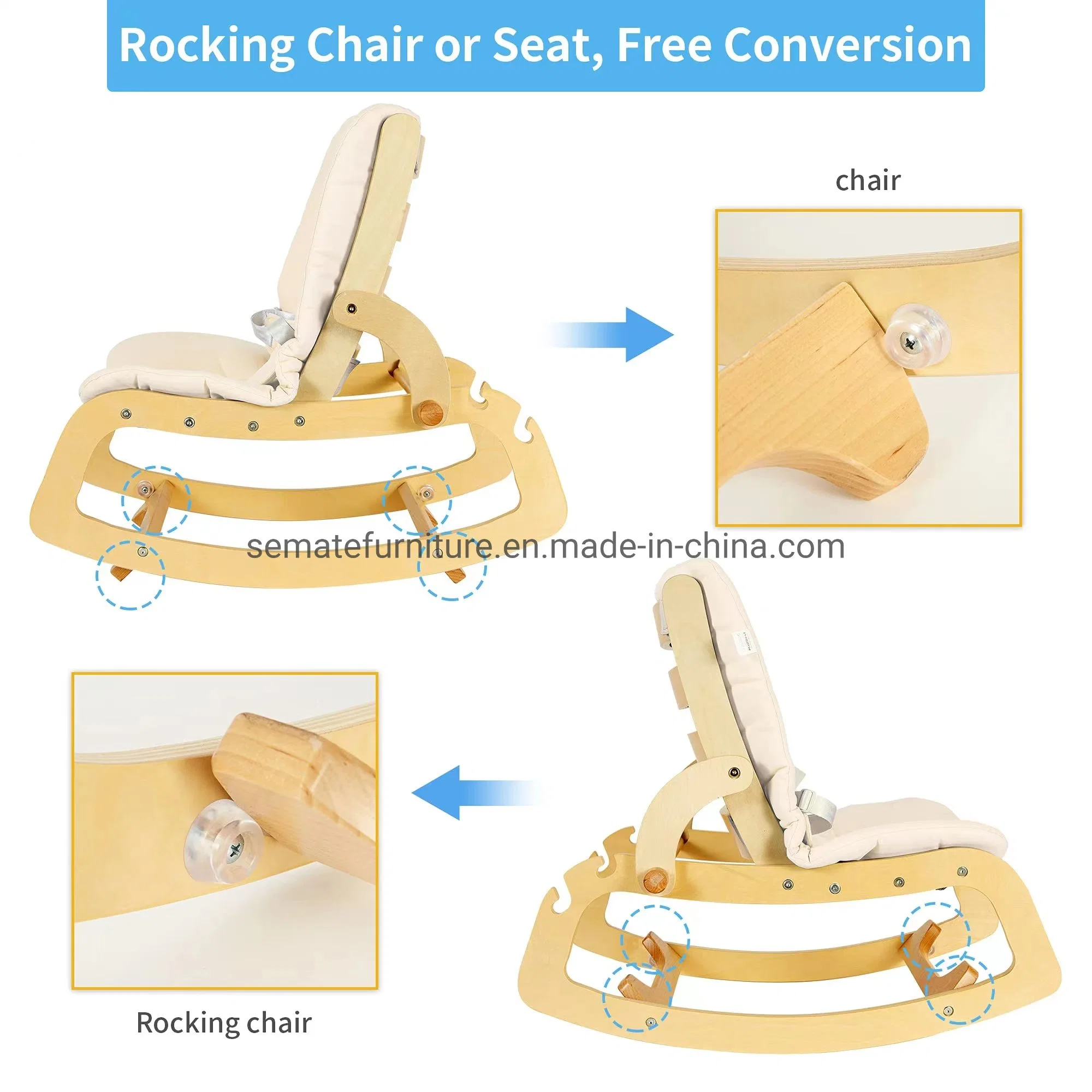 La nueva multifunción de la llegada del bebé 3-en-1 Bouncer ajustable de muebles de madera de balancín Baby Baby silla mecedora Remaovable ergonómico con Mat y cinturón de seguridad