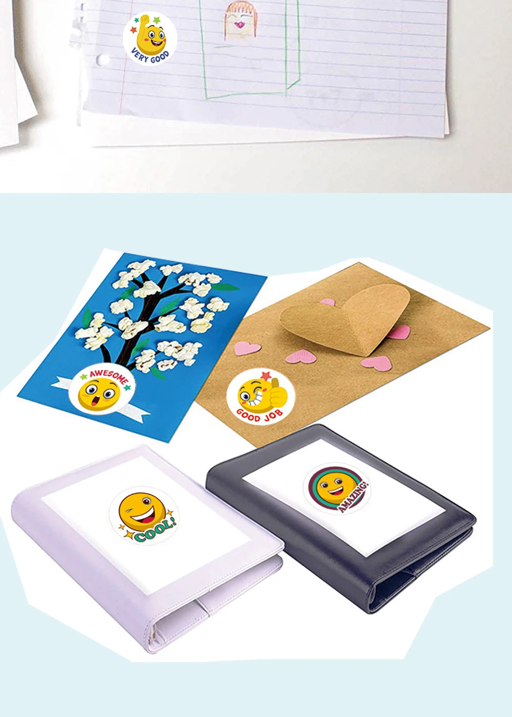 Rollo de papel autoadhesivas adhesivos pegatinas de recompensa para los profesores pegatinas de incentivo de motivación para los niños, a 500PCS Rollo 1 pulgadas de pegatinas de la Ronda 8 diseños de sonrisas/rollo