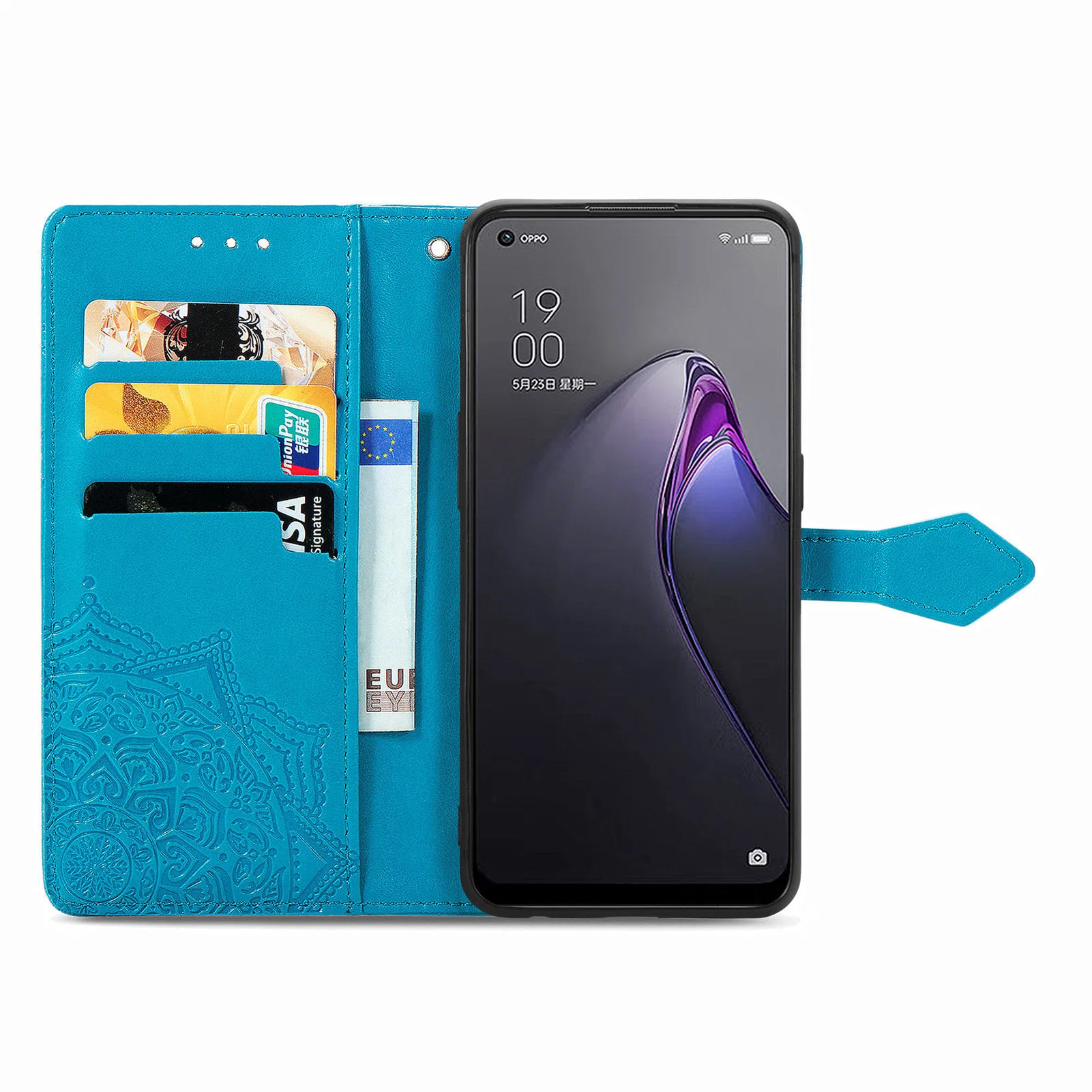 Para el Oppo Reno8 5g (Versión Global) grabado el patrón de Mandala Tapa de cierre magnético Teléfono Shell Monedero de cuero estilo Libro de Stand Up Flip Phone Case - Azul