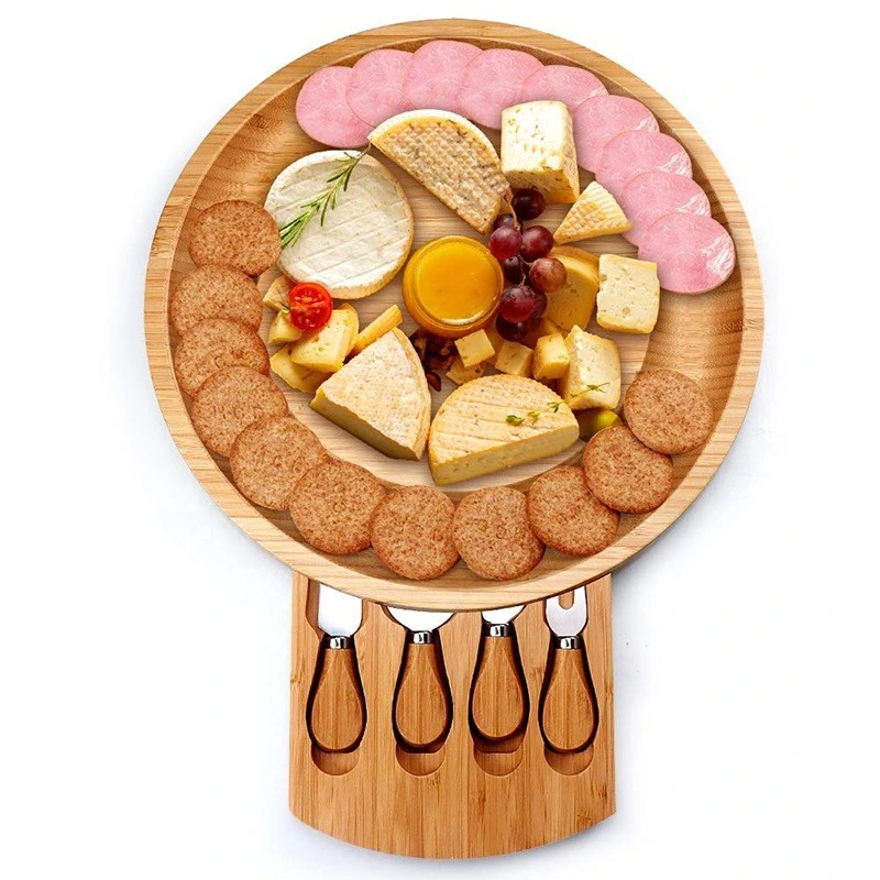 2 Sizes 10inch Round Natural Bamboo Cheese Board with 4PCS Charcuterie Board Accessories