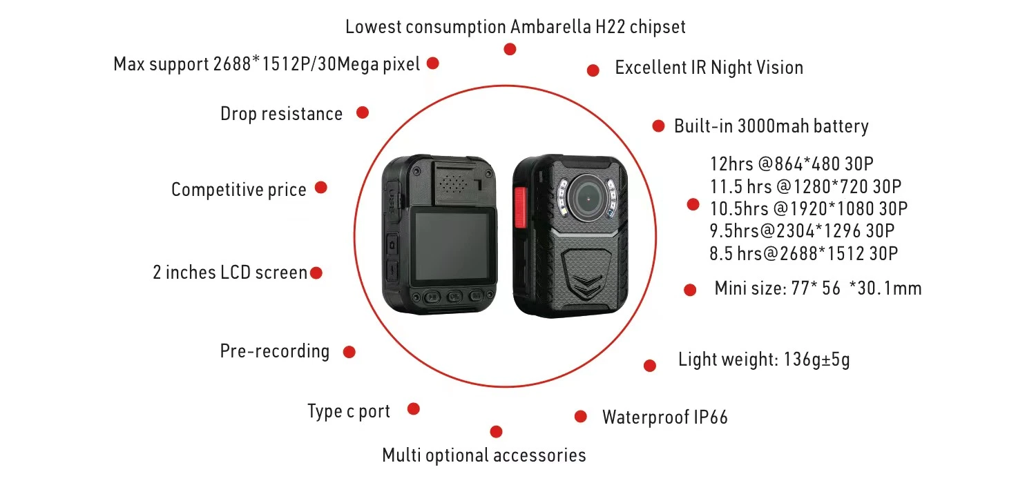 Portable Mini Size IR Night Vision, IP66 Waterproof Body Worn Camera X4K1 with Ambarella H22 Chipset and Motion Detection