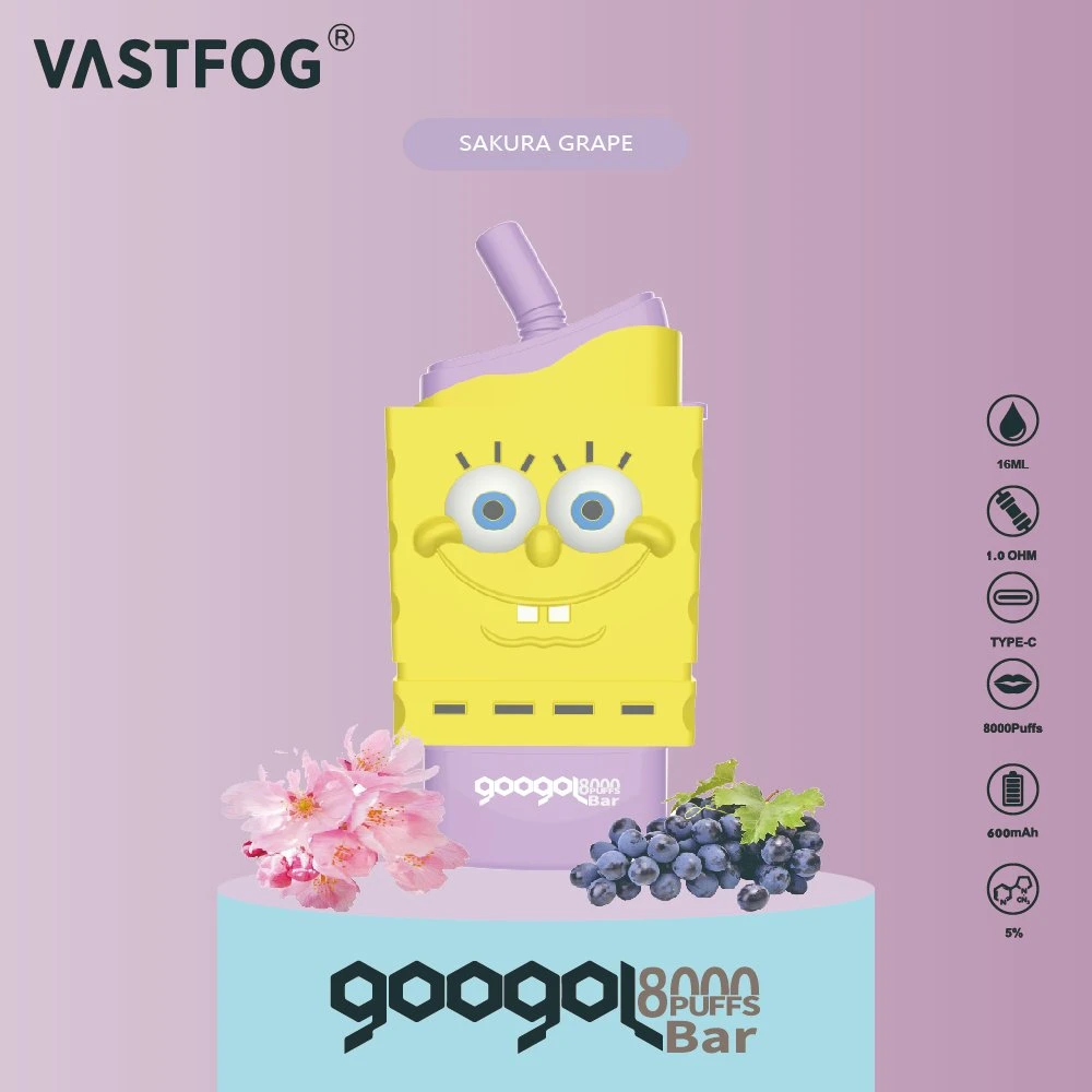 Em stock, por grosso, 8000 puff, bobina de malha recarregável, cassete descartável 5% de sabor a fruta, kit de bateria de 600 mAh VastFOG, com puffs Googol Bar