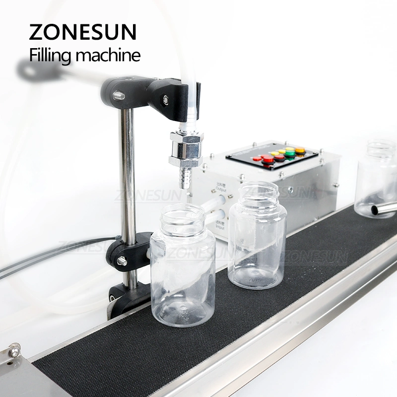 Zonesun Milk Juice Water Eyedrops Toner Beverage Processing Machinery Automatic Single Head Filling Machine with Conveyor