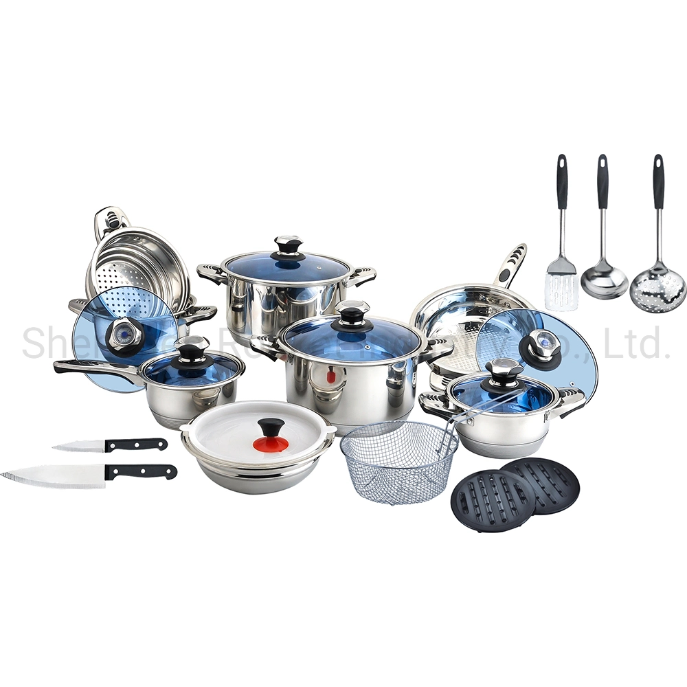 Kitchenware Blue Glass Cover Lid Stainless Steel Pots and Pans Cookware Sets Cooking