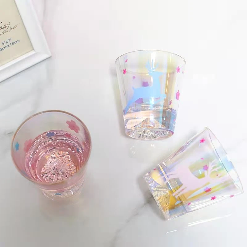 Hot Sale Aesthetic Colorful Cherry FUJI Mountain Bottom Wine Glass Cup Gift Box Set Woman Whiskey Tumbler Crystal Iridescent Coffee Cup Mug