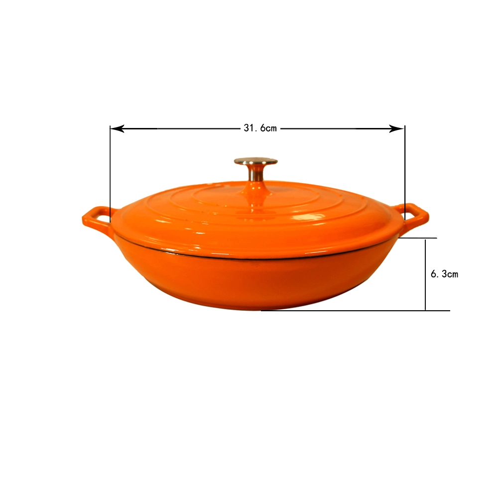 La solución de Amazon 3.8qt superficial de hierro fundido horno holandés Pot mango curvado con doble fondo plano con pomo de acero inoxidable