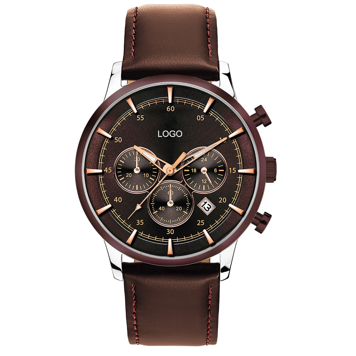 Customize Luxury Brand Logo Men Chronograph Leather Strap Watch