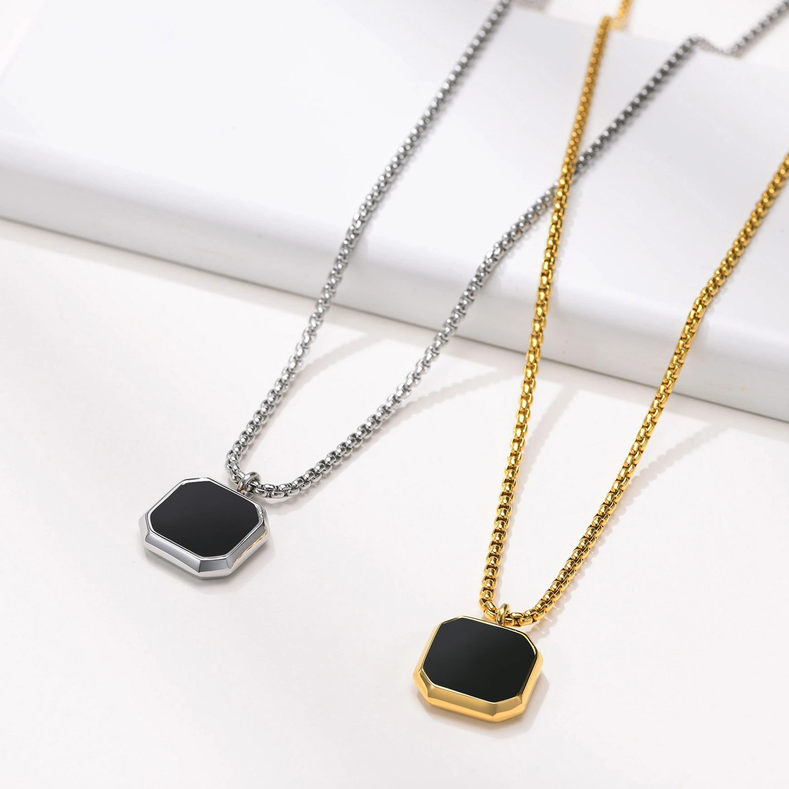 Stainless Steel Drop Glue Black Square Pendant Men's Hoodie Fold Wear Necklace Long Sweater Chain Accessories