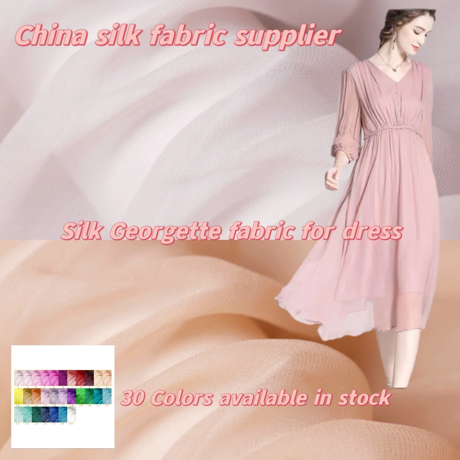 China Fancy Silk Fabric Supplier Pure Silk Chiffon Fabric/Silk Georgette Fabric for Gorgeous Wedding Dress/Scarf