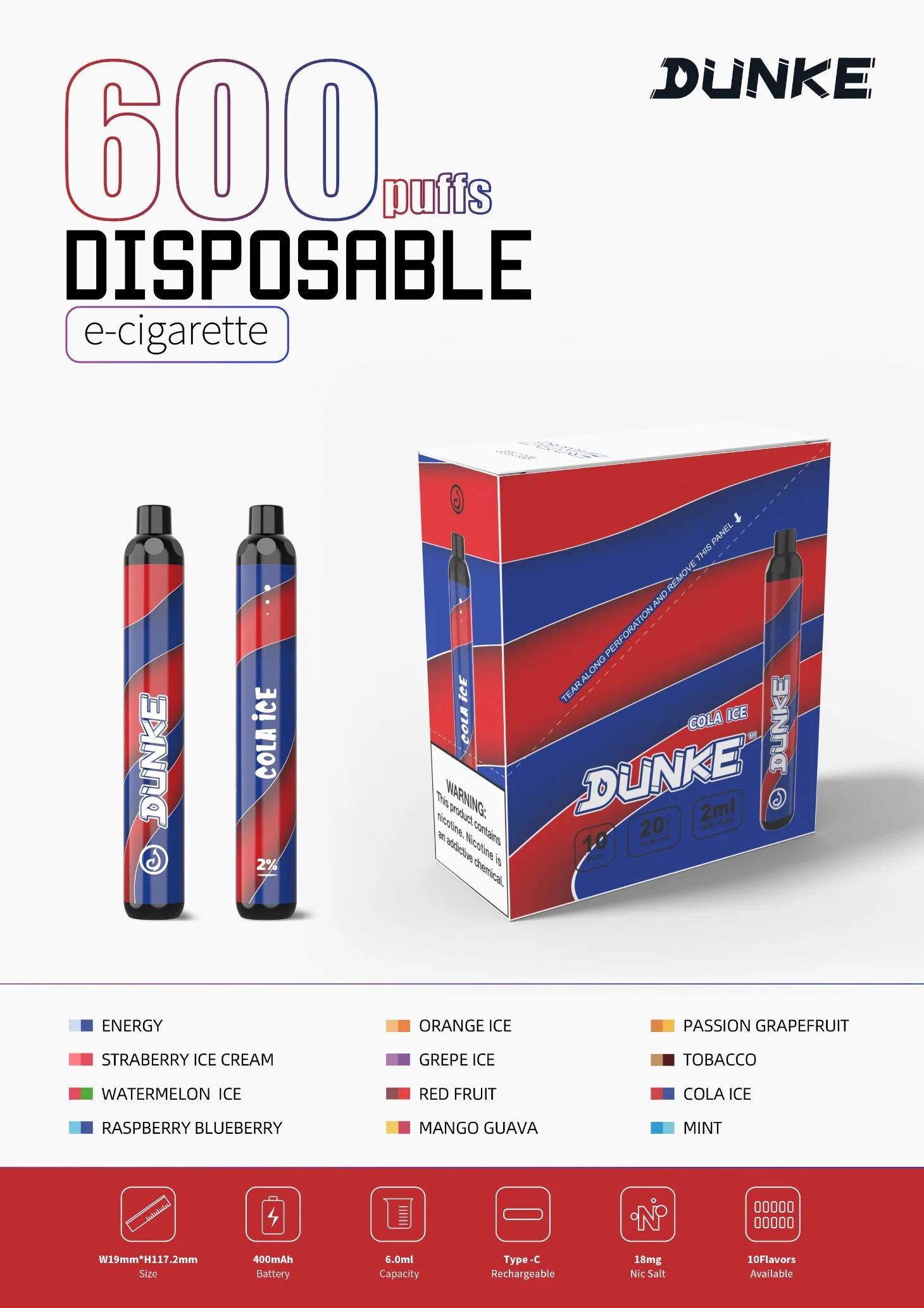 Dunke grossista de fábrica fumar Einweg-Vape Mini Vape descartáveis Kit Caneta 600 borlas para 2ml e cigarros Vaporizador Desechable vários e esprema Wape Vapotage Jetable