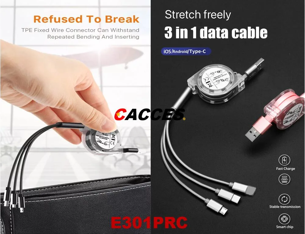 Multi cable retráctil USB 1pack 3.9FT 3 en 1 USB Cable cargador rápido con IP/USB/Tipo de micro-C Puerto para tabletas Android Samsung Huawe Iphons