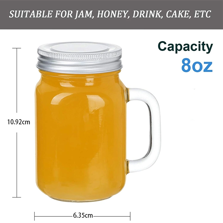 8oz Square Glass Mason Jar Mug with Handle and Sliver Lids for Drink Lemonade Beer Milkshakes Smoothies Jam