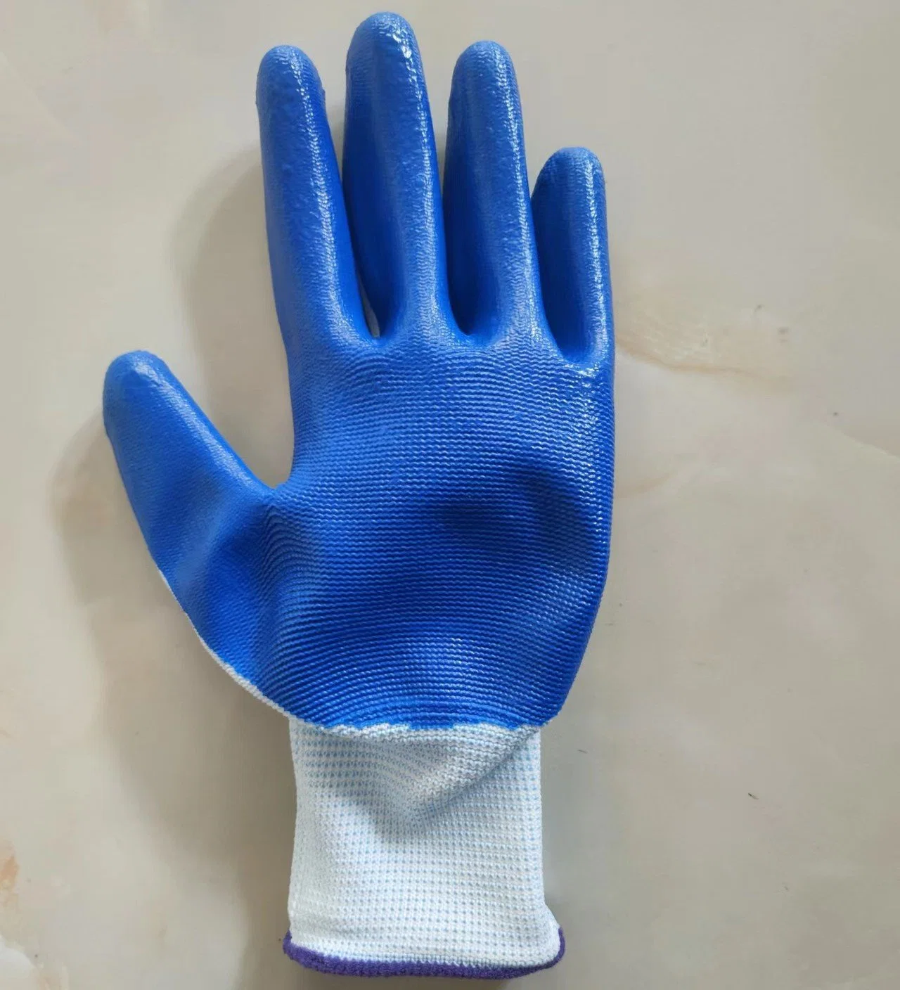 Breathable White Polyester Knitted Blue Nitrile Coating Work Gloves