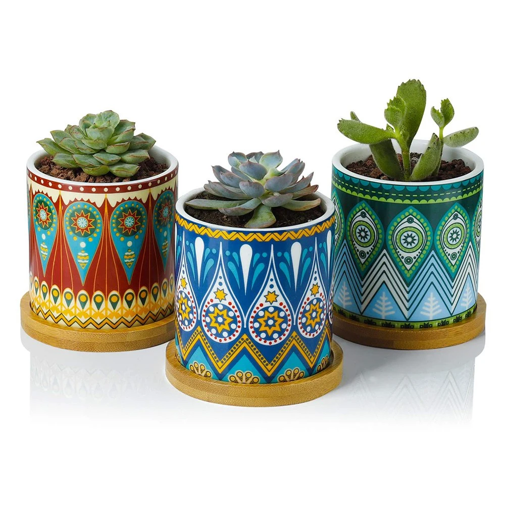 Succulent Planter Pots 3 Inch Small Ceramic Planters Plants Pots Mini Flower Vase with Bamboo Tray and Drainage Hole for Indoor Plants, Colorful Mandala Pattern