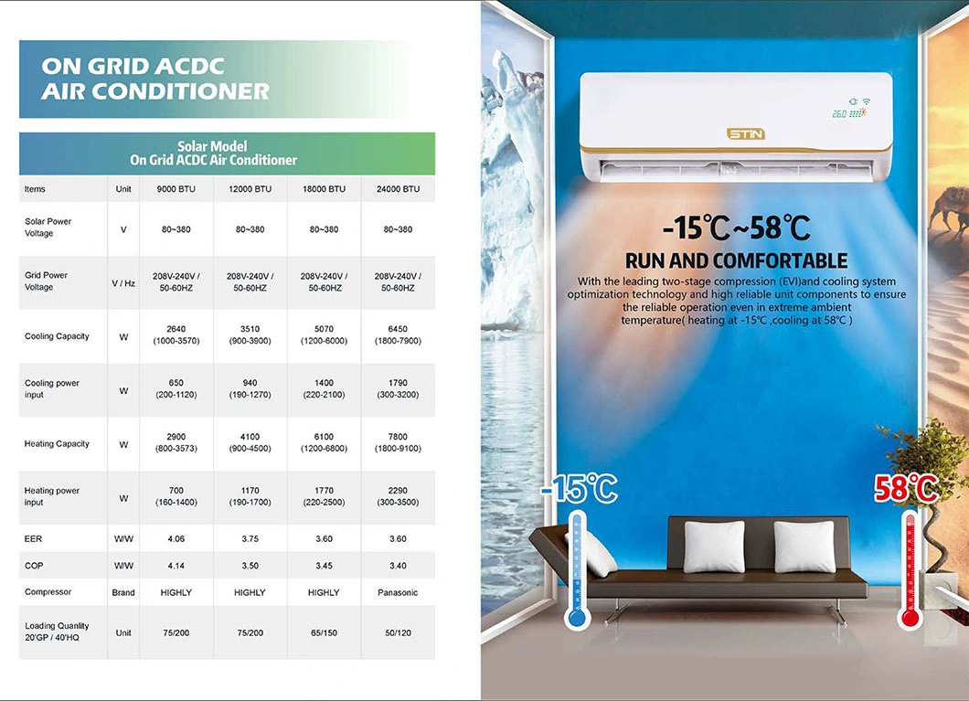 Mini-variador híbrido de duas toneladas de ar condicionado CC de 24000BTU Sistema de alimentação solar AC para utilização doméstica