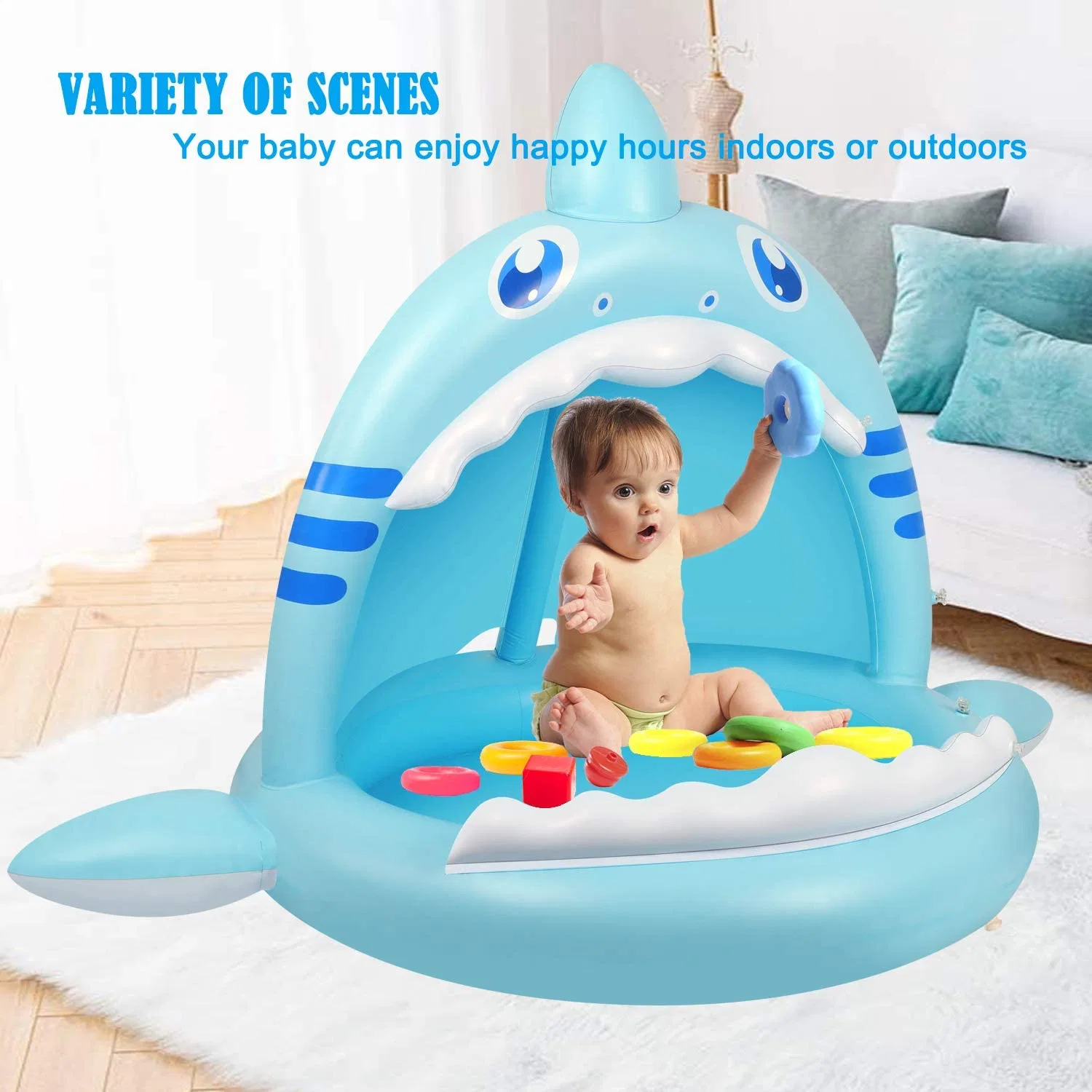 Shark Splash Toddlers Swimming Pool with Canopy Portable Inflatable Kiddie Paddling Pool with Water Sprinkler