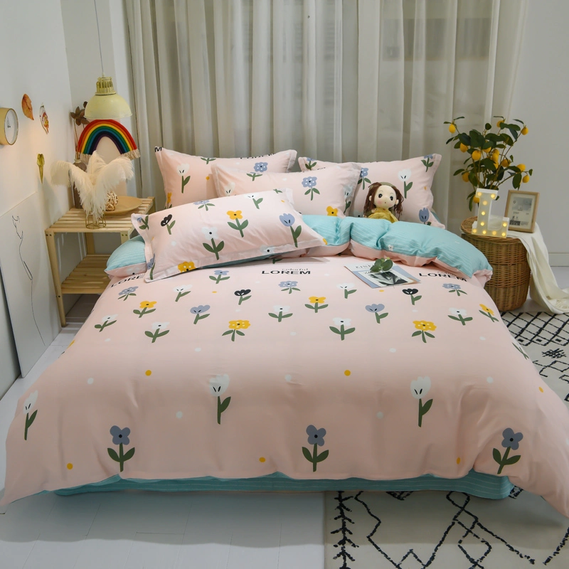 Green Small Fresh Bed Sheet Pink Bed Sheet Bedding Four Piece Set 100% Cotton