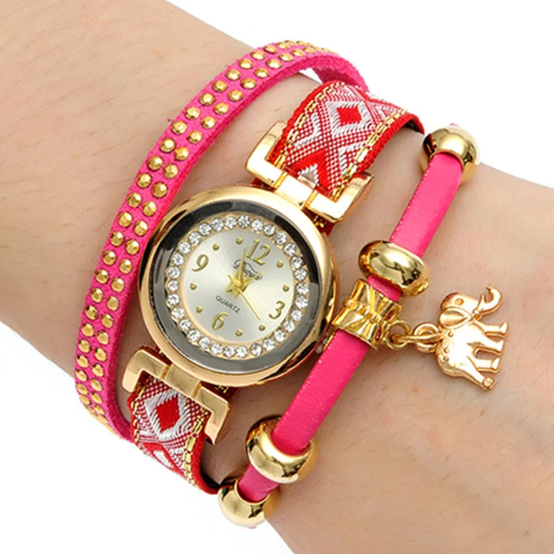 Women Fashion Gold Elephant Pendant Luxury Bracelet Watch Analog Quartz Wrist Watch Esg13645