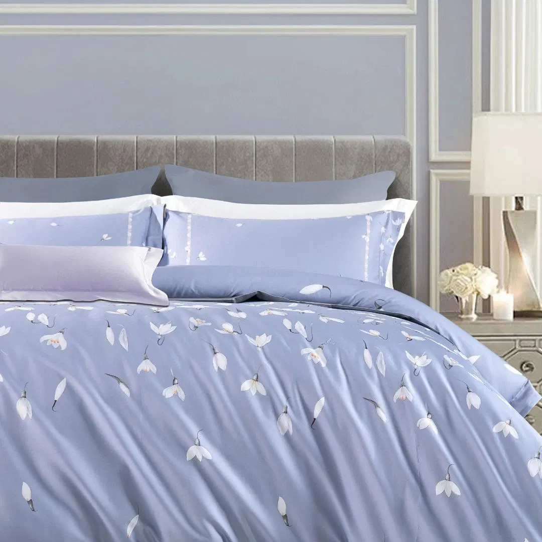 Beautiful Blue Printed Flowers Comforter Duvet Cover Satin 100% Cotton Home Textile Soft Pillow Shams King Size Bed Sheet Bedding Set