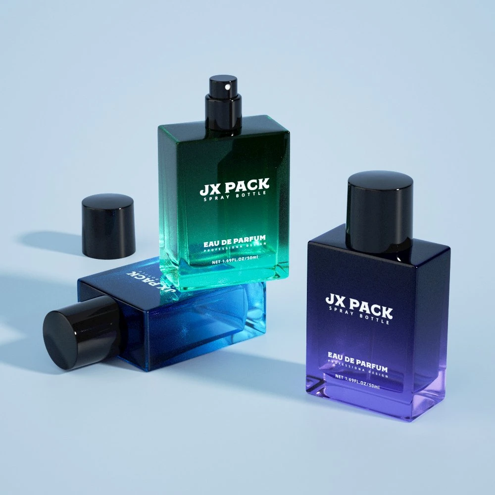 Frasco de perfume de vidro de 30ml 50ml com pulverizador de luxo personalizado e tampa.