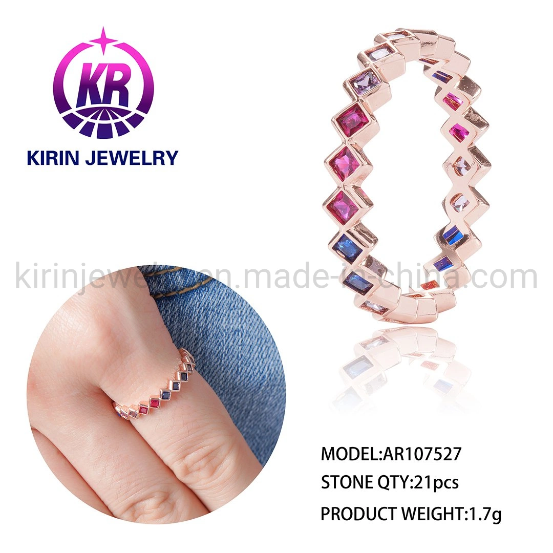 2022 Color Rainbow Diamond Rings for Women Rainbow Eternity Ring 925 Sterling Silver Pure Rose Gold Pink Diamond Baguette Ring