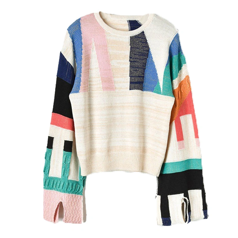 Cotton Lurex Blend Multicolour Geometric Pattern Clothes Women's Sweater